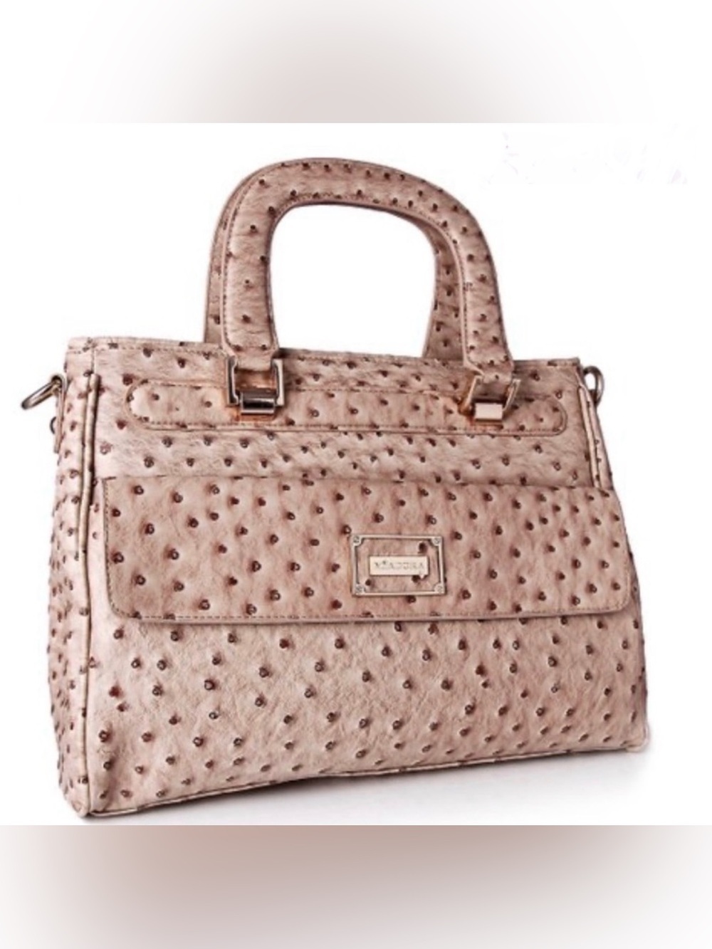 Faux Ostrich Satchel w/ matching handles, shoulder strap and gold tone hardware